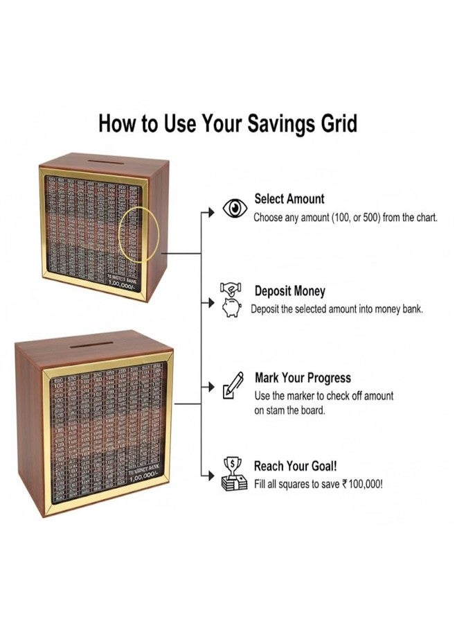 Drumstone 𝟓+𝟓 Year 𝐆𝐔𝐀𝐑𝐀𝐍𝐓𝐄 Wooden Money Saving Box for Adults & Kids with ₹1,00,000 Savings Tracker Smart Goal-Based Money Bank for Home & Office Secure Piggy Bank for Daily Savings Golden - Image 3